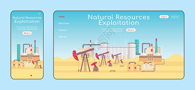 自然资源开发自适应登陆页面平面颜色矢量模板 炼油厂移动和 PC 主页布局 燃料化石开采一页网站 UI 网页跨平台设计图片