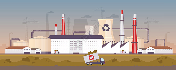 废物管理厂平面彩色矢量图解 回收工厂 2D 卡通景观与背景上的烟囱 工业垃圾处理设施全景 垃圾处理业务图片