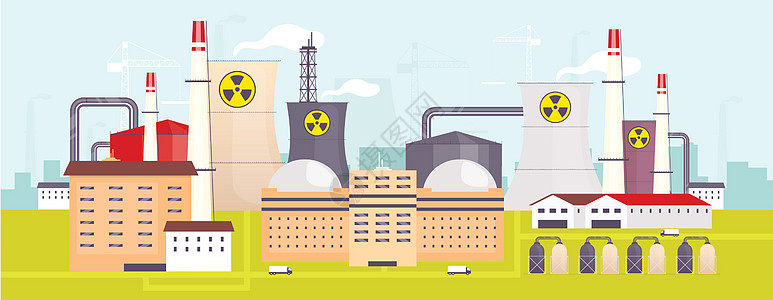 核电站平面彩色矢量图 背景为原子反应堆的工业设施 2D 卡通景观 能源制造站电力生产工厂全景图片