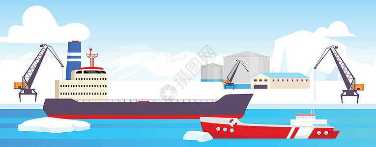 极地站平面彩色矢量插图 背景为冰川的北极港口 2D 卡通景观 北极资源开采设施 有油轮货船的工业区图片