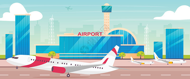 机场平面彩色矢量图 带离港飞机的跑道 2D 卡通景观 背景是控制塔 国际航空运输业务 民用航空业图片
