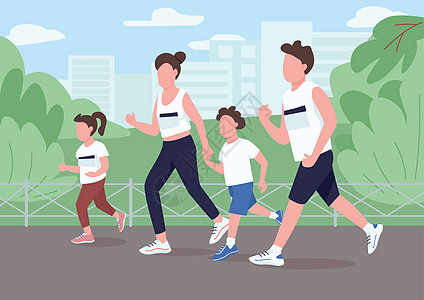 家庭跑马拉松平面彩色矢量图 父母带着孩子在公园慢跑 爸爸妈妈带着孩子参加比赛 亲戚 2D 卡通人物与内部背景图片