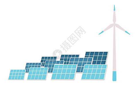 太阳能电池板和风力涡轮机平面颜色矢量对象集 友好发电站设备 2D 孤立卡通插图白色背景 替代能源发电图片