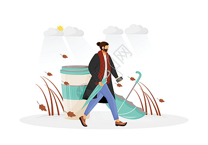 穿大衣的男人去散步平面概念矢量图 有伞的人 秋季男性嬉皮士 2D 卡通人物网页设计 寒冷天气的咖啡外卖 秋天的创意ide图片