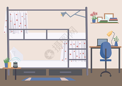 Hosteldorm 房间平面彩色矢量插图 大学宿舍住宿 2D 卡通内饰 背景为双层床 学生生活方式大学经历 清空共享空间图片