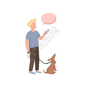 皮带面狗主人平面颜色矢量不露面的角色 牵着宠物的男人 手里拿着电话的家伙 用于网页图形设计和动画的语音气泡孤立卡通插图的人插画