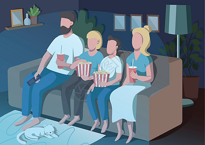家庭电影之夜平面彩色矢量插图 爸爸妈妈带着孩子看电视 晚上的家庭例行公事 父母和孩子 2D 卡通人物与内部背景图片