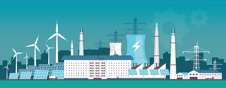 生态友好型电厂平面彩色矢量图解 替代能源工厂 2D 卡通景观 背景为风力涡轮机和太阳能电池板 环保安全电源背景图片