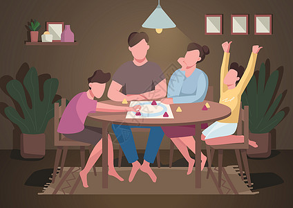 家庭玩棋盘游戏平面彩色矢量图 适合孩子和父母的晚间娱乐活动 爸爸妈妈玩桌面游戏 亲戚 2D 卡通人物与内部背景图片