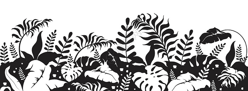 热带树叶黑色剪影矢量图 野生植被 植物学和草药装饰 灌木和灌木 异国情调的单色景观 亚热带树叶二维卡通形状图片