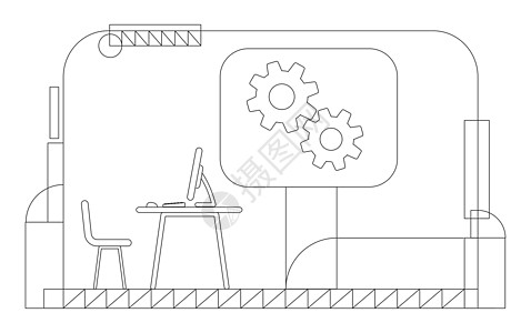 公司 CEO 办公室轮廓矢量插图 黄色背景下的执行经理工作场所轮廓构成 带台式计算机和齿轮简单样式绘图的空工作区图片