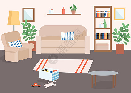 家庭客厅平面彩色矢量插图 地板上放着儿童玩具的篮子 家居装饰地毯 客厅 2D 卡通内饰 背景上有沙发和扶手椅背景图片