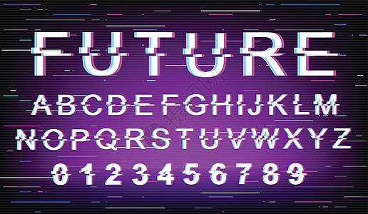未来的故障字体模板 复古未来派风格矢量字母表设置在紫色背景上 大写字母数字和符号 具有失真效果的现代数字字体设计图片