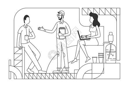 公司员工在喝咖啡休息时细线矢量图解 办公室工作人员在白色背景上放松和聊天勾勒轮廓字符 休闲区商务人士简约风格画图片