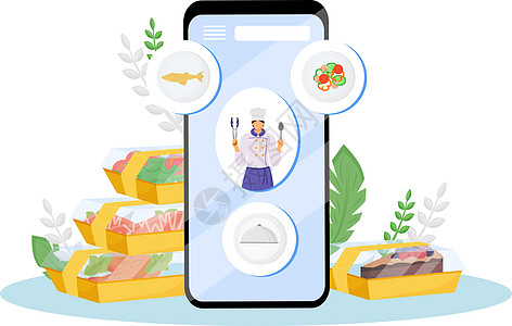 餐厅食品在线订购和交付平面概念矢量图 用于网页设计的咖啡馆厨师长炊具 2D 卡通人物 美味点餐移动应用创意ide图片