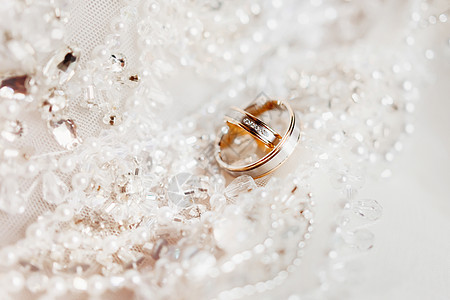带珠子的蕾丝丝织物上的金色结婚戒指 婚礼刺绣礼服细节图片