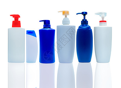 洗发水和发型调节器塑料瓶和喷雾泵润肤清洁剂蓝色液体塑料产品奶油小样包装浴室图片