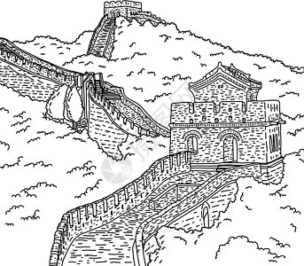 中国长城矢量插画素描涂鸦手绘障碍地标石头建筑王朝历史性堡垒小路旅游爬坡图片