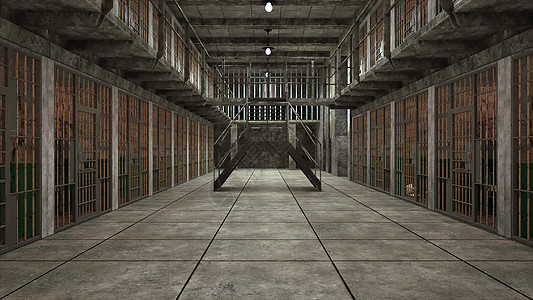 计算机生成的背景 两层楼的几个阴暗的监狱街区  3d 渲染电脑监禁洗手间障碍细胞床垫金属地板酒吧犯罪图片