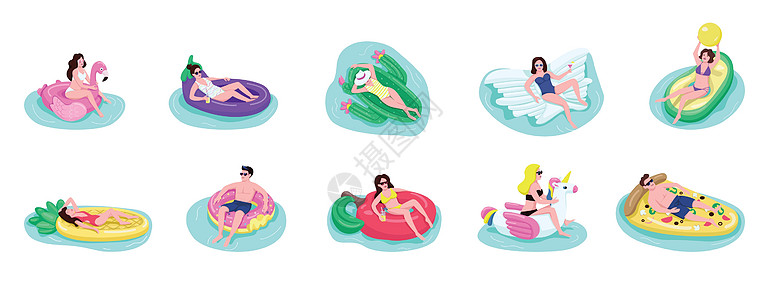 人们漂浮在气垫上 平面彩色矢量无脸字符集 成年男女在游泳池里喝鸡尾酒 游客在白色背景上晒日光浴孤立的卡通插图图片