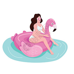 女孩坐在充气火烈鸟平面颜色矢量不露面的角色上 海滩度假村的女游客 粉色气垫上的人 泳池派对上戴墨镜的女人孤立的卡通图案图片