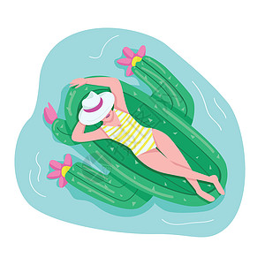 睡在充气床垫上的女人扁平的彩色矢量不露面的角色 女游客在充气玩具上晒日光浴 在游泳池放松 穿泳装的女孩躺在孤立的卡通图案中图片