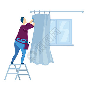 平面颜色矢量不露面的字符 男人挂窗帘 靠近窗帘的家伙 房屋改善 室内装潢 上门维修孤立的卡通它制作图案图片