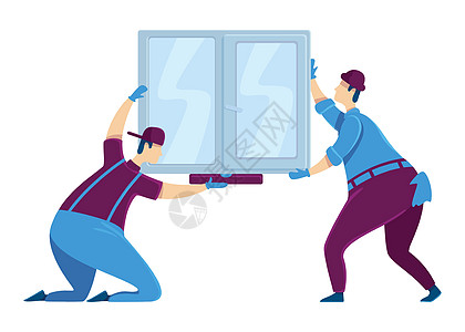 窗口安装平面颜色矢量不露面的字符 一群得心应手的工人在框架中拿着玻璃 房屋改善服务 穿制服的建设者 上门维修孤立的卡通它制作图案图片