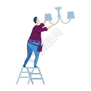 改变灯泡平面颜色矢量不露面的字符 男人换灯泡 梯子上的杂工 用工具更换灯泡的家伙 房屋维修 上门维修孤立的卡通它制作图案图片