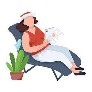 在贵妃椅上有花盆女的女人扁平的颜色矢量不露面的角色 用于网页图形设计和动画的家庭休闲放松娱乐孤立卡通插图图片