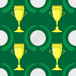 绿色背景上的高尔夫球球图标和桂冠无缝图案图片