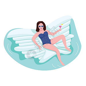 气垫上的女人扁平的颜色矢量不露面的角色 泳池派对的女游客 玛格丽塔泳装的人 充气蝴蝶玩具上的女孩孤立卡通它制作图案图片