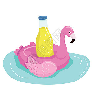 充气火烈鸟卡通矢量图 可爱的气垫可以装饮料 泳池派对项目 玻璃瓶中的柠檬水平面颜色对象 孤立在白色背景上的柑橘汽水图片