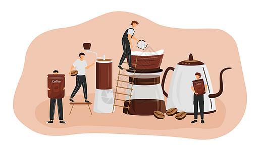咖啡酿造方法平面概念矢量图 做浓咖啡的人 美式咖啡的准备过程 供应新鲜饮料 用于网页设计的 Barista 2D 卡通人物 咖啡图片