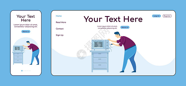 家电维修自适应着陆页平面颜色矢量模板 破碎的厨具移动和 PC 主页布局 修理工一页网站用户界面 上门维修网页跨平台设计图片