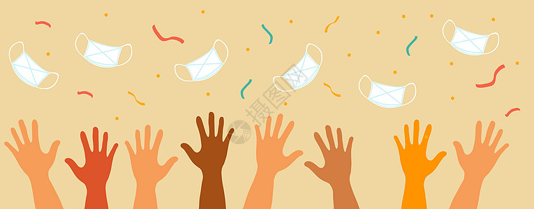 结束了结束了 一群人举起手扔掉防护面具 它制作图案矢量团体自由手套喜悦幸福庆典社会跨国团队成功图片