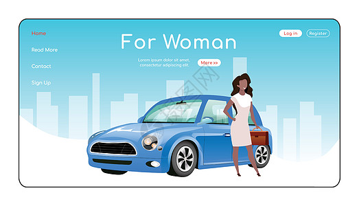 对于女性着陆页平面颜色矢量模板 汽车展厅主页布局 一页网站界面与卡通人物 汽车经销商图片