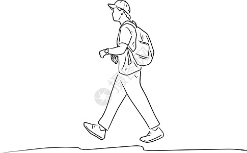 背着背包走路的年轻人矢量图速写涂鸦图片