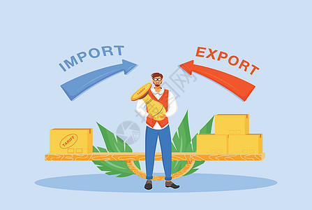 进出口税平面概念矢量图 带有用于网页设计的关税邮票 2D 卡通人物的人 国际贸易政策税收价格调控创意背景图片