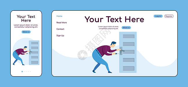 固定门把手自适应着陆页平面颜色矢量模板 服务移动和 PC 主页布局 修理工一页网站用户界面 上门维修网页跨平台设计图片