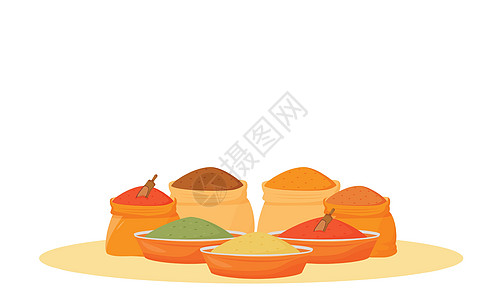 印度香料分类卡通矢量插图 碗和麻袋中的传统调味品是扁平颜色的物体 白色背景上孤立的烹饪项目食品配料调味品图片