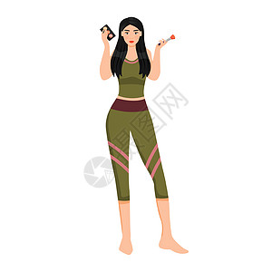 女人应用腮红粉扁平颜色矢量不露面的角色 女孩拿着眼影调色板和画笔孤立的卡通插图 用于网页图形设计和动画 女士做让你图片