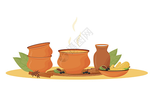 碗卡通矢量插图中的热马萨拉茶 传统的印度饮料芳香辛辣混合物平面颜色对象 餐厅隔离在白色背景上图片