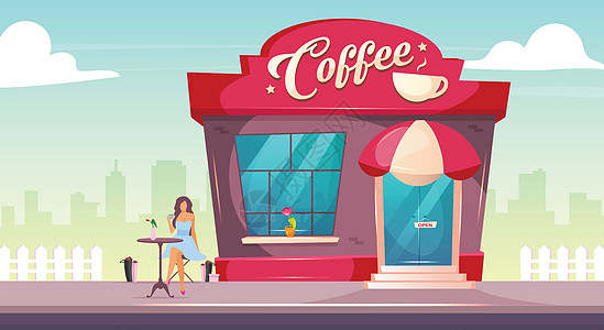 人行道上的咖啡店平面彩色矢量插图 在外面的咖啡馆吃早午餐的人 餐厅外观 砖砌建筑的店面 现代 2D 卡通城市景观与背景上的女人图片