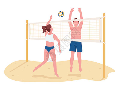 男人和女人打沙滩排球平面彩色矢量不露面的人物 用于网页图形设计和动画的活跃夏季娱乐体育游戏孤立卡通插图背景图片