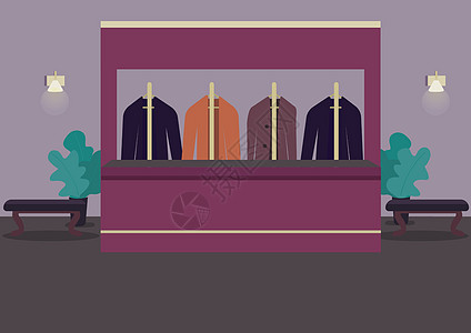 衣帽间平面彩色矢量图 衣柜用来挑选随身物品 剧院大厅 餐厅大堂 衣架上的西装 赌场房间 2D 卡通内饰 背景上有接待柜台图片