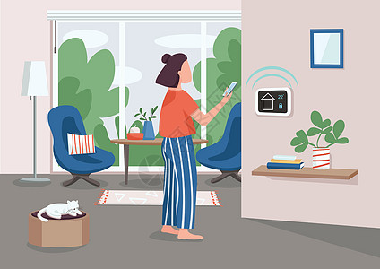智能家居管理面板平面彩色矢量插图 使用智能手机 2D 卡通人物与背景自动化公寓的年轻女性 物联网技术 家电遥控器图片