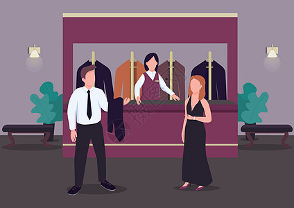 衣帽间平面彩色矢量图 穿着正式西装的男人 优雅礼服的女人 赌场大厅 成立大厅 衣柜 2D 卡通人物在内部与背景上的接待员图片