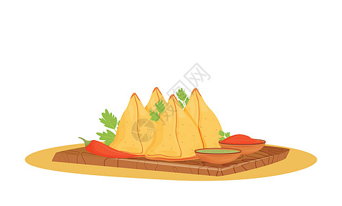 咖喱角卡通矢量图 供应带有咸味馅料的印度菜和烤糕点 孤立在白色背景上的餐厅面包店图片
