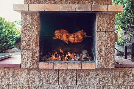 鸡肉烤在吐口水上烹饪烧烤架派对健康饮食美食烘烤煤炭火焰动物传统图片